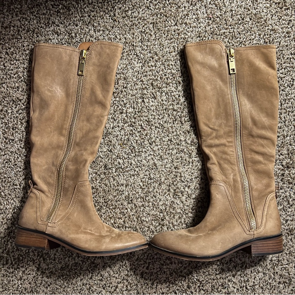 Aldo Tan Suede Zip Up Block Heel Knee High Boots